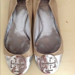 Tory Burch Reva flats in silver and tan- Used